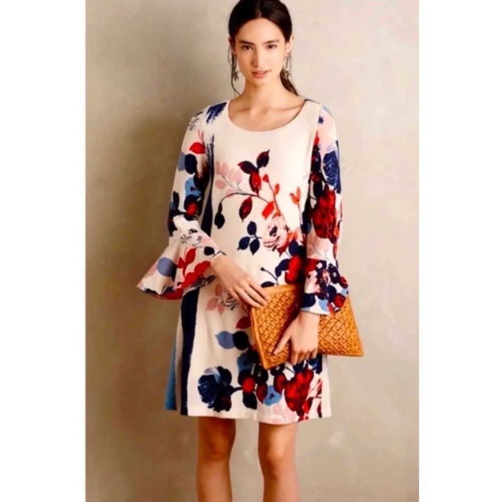 Anthropologie Maeve Anthousai Knit Bell Sleeve Floral Dress Cream Large